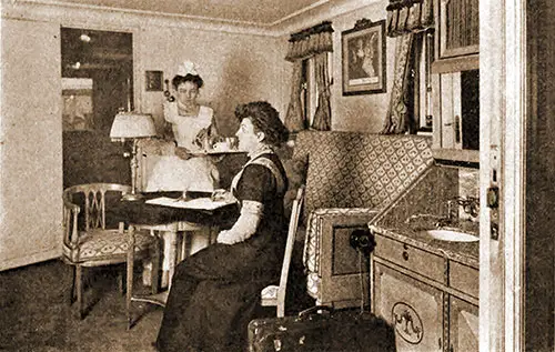 Luxurious First Class Stateroom. Uniformed Maid Shown in Background.