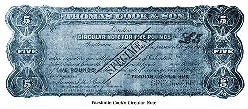 Specimen Circular Note for Five Pounds from Thomas Cook & Son circa 1907.