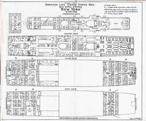Deck Plan of American Line United States Mail Twin Screw Steamer "New York"