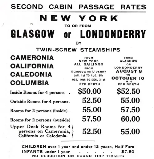 Anchor Line Second Cabin Passage Rates In Effect 1913