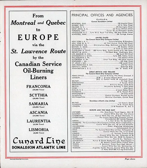 Principal Offices and Agencies - Cunard Line--Donaldson Atlantic Line.