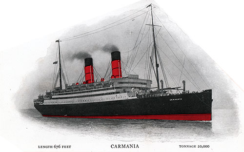 The RMS Carmania of the Cunard Line. Length: 676 Feet; Tonnage: 20,000.