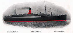 The Anchor Line RMS Tyrrhenia. Length: 580 Feet; Tonnage: 17,000. She was renamed in 1924 as the Lancastria.