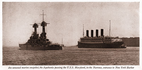 An Unusual Marine Snapshot, the Aquitania Passing the U.S.S. Maryland, in the Narrows, Entrance to New York Harbor. Going Abroad, 1923.