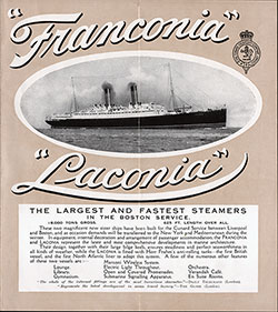 Front of Franconia and Laconia - The Largest and Fastest Steamers in the Boston Service Flyer from 1911