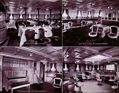 L to R, T to B: Second Cabin Main Saloon; Second Cabin Ladies' Parlor; Second Cabin Music Room; and Second Cabin Smoking Room on the SS Molke and SS Blücher (Bluecher).