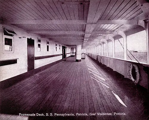 Promenade Deck on the SS Pennsylvania, SS Patricia, SS Graf Waldersee and SS Pretoria.