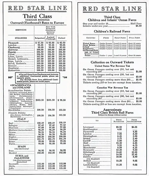 Third Class Through Booking Outbound Rates to Europe, Children & Infants' Ocean Fares, and Approximate Third Class British Rail Rates, 7 October 1925.