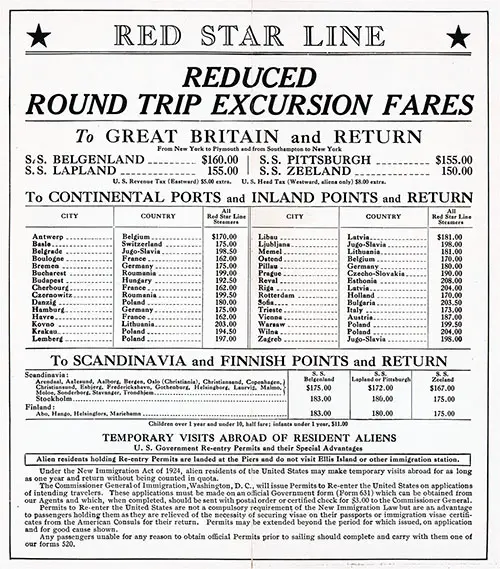 Red Star Line Reduced Round Trip Excursion Fares to Great Britain and Return, 7 October 1925.