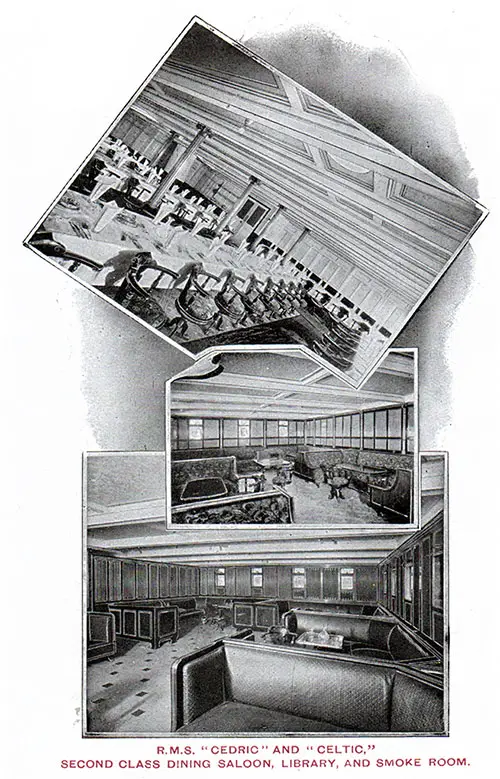 Second Class Dining Saloon, Library, and Smoking Room on the RMS Cedric and RMS Celtic.