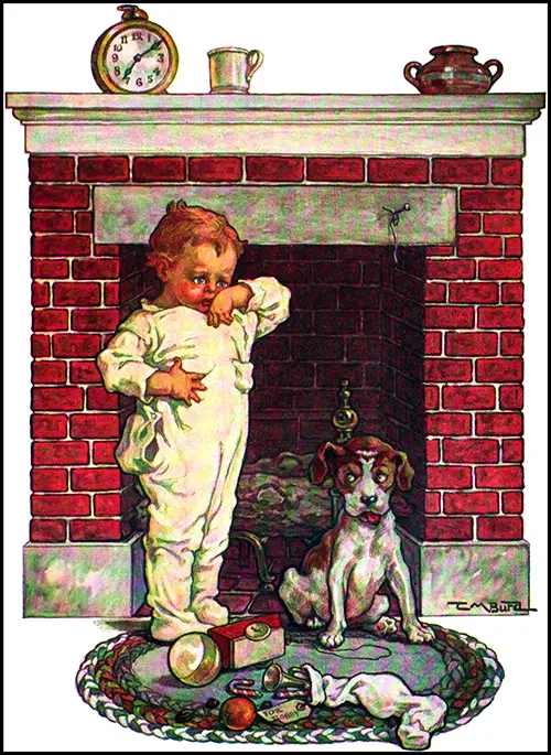 Christmas 1920 Scene by the Fireplace with Child and Dog.