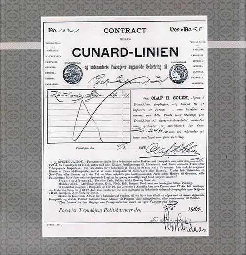 Cunard Line Passage Contract, Third Class/Steerage, Trondheim, Norway to Boston, 1913.