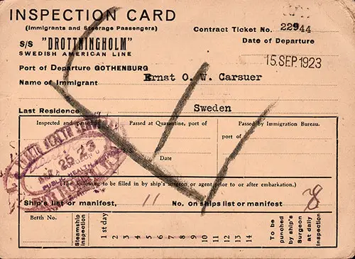 US Inspection Card (Immigrants and Steerage Passengers) For Earnst O. W. Carsuer, Sailing from Gothenburg 15 September 1923 on the SS Drottningholm.