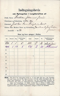 Proof of Registration for Inclusion in the Roll for Kristian Johannes Jansen, a Danish Emigrant to America.