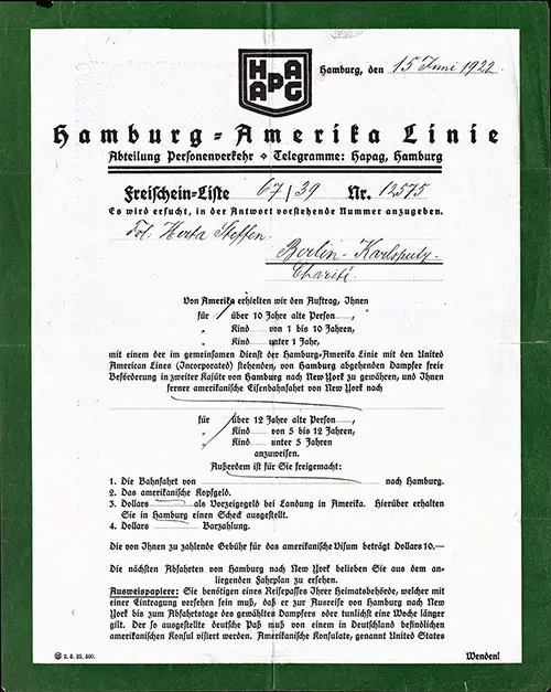 Front Side of a 1922 Transcript of a HAPAG Hamburg-America Linie Telegram from the Passenger Transport Department.
