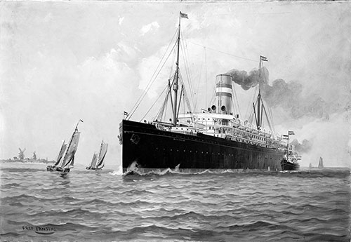 SS Ryndam of the Holland-America Line. Photograph of a photo of a painting signed "Fred Pansing." © 1900