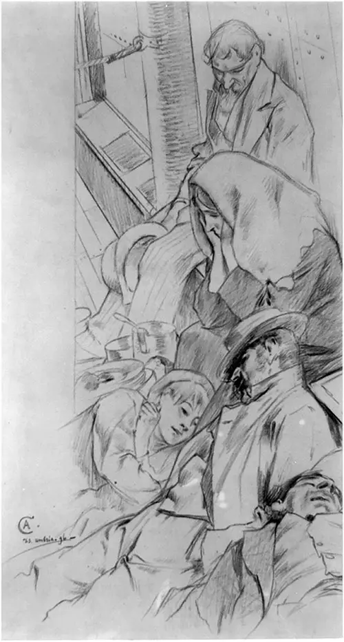 Charcoal Drawing of Immigrants in Steerage on the RMS Umbria of the Cunard Line - 1898.
