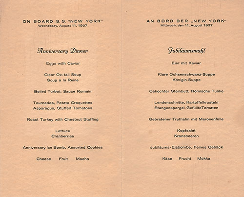 Menu Items, Anniversary Dinner Menu, Hamburg American Line, SS New York, 18 July 1937