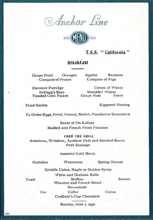 TSS California Breakfast Menu Card 1 June 1930
