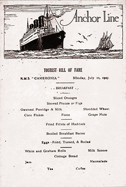 Front Cover, Breakfast Menu Card, Tourist Class on the RMS Cameronia of the Anchor Line, Monday, 11 July 1927.