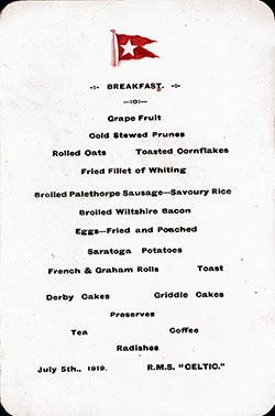 RMS Celtic Breakfast Bill of Fare Card 5 July 1919