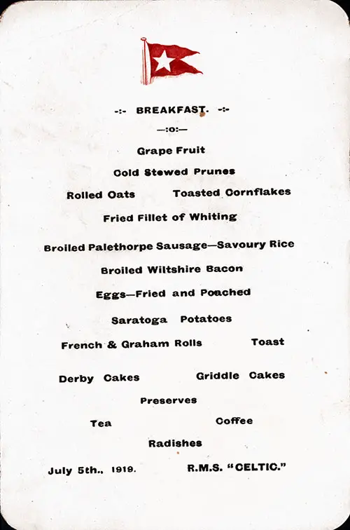 Post World War I Breakfast Menu Card From Saturday, 5 July 1919 Onboard the RMS Celtic of the White Star Line.