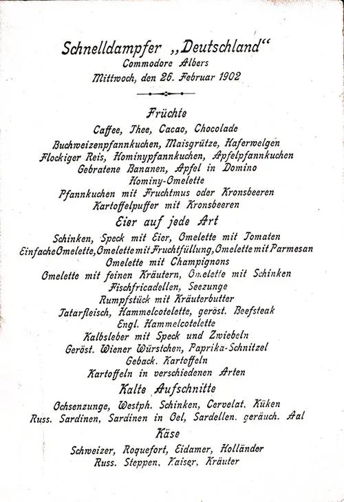 Bill of Fare in German from the Vintage Breakfast Menu From Wednesday, 26 February 1902 for the SS Deutschland of the Hamburg America Line