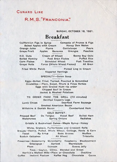 RMS Franconia Breakfast Menu Card 18 October 1931