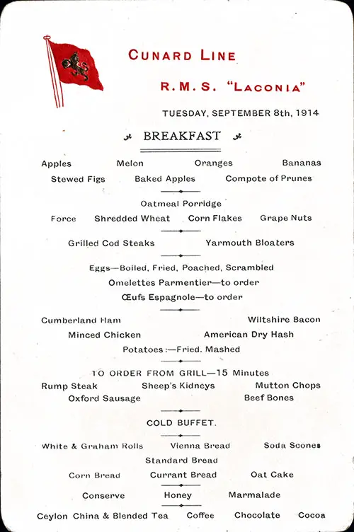 RMS Laconia Breakfast Menu Card 8 September 1914