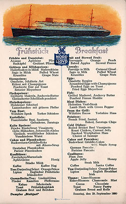Breakfast Menu Card, on the SS Stattgart of the Norddeutscher Lloyd/North German Lloyd, Sunday, 28 September 1930.