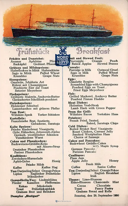 Breakfast Menu Card From Sunday, 28 September 1930, for the SS Stattgart of the North German Lloyd (Norddeutscher Lloyd Bremen).