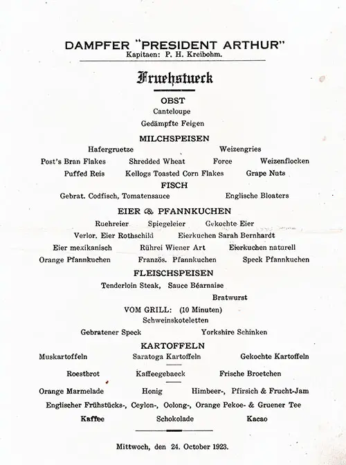 Vintage Breakfast Bill of Fare Items in German From Tuesday, 24 October 1923 for the SS President Arthur of the United States Lines.