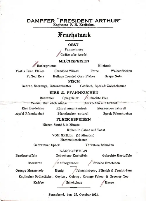 German Langage Version of a Vintage Breakfast Menu From Saturday, 27 October 1923 Onboard the SS President Arthur of the United States Lines.