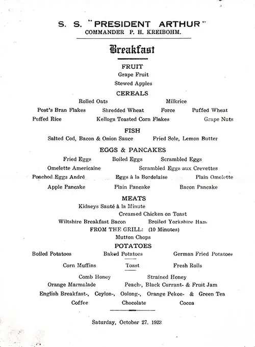 English Langage Version of a Vintage Breakfast Menu From Saturday, 27 October 1923 Onboard the SS President Arthur of the United States Lines.