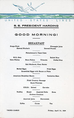 SS President Harding Breakfast Menu Card 13 April 1934