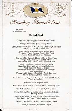 SS Victoria Luise Breakfast Bill of Fare Card (u.d.) c1911