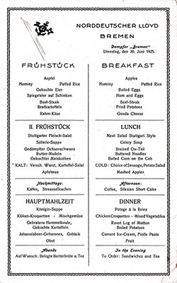 SS Bremen Breakfast Bill of Fare Card 30 June 1925