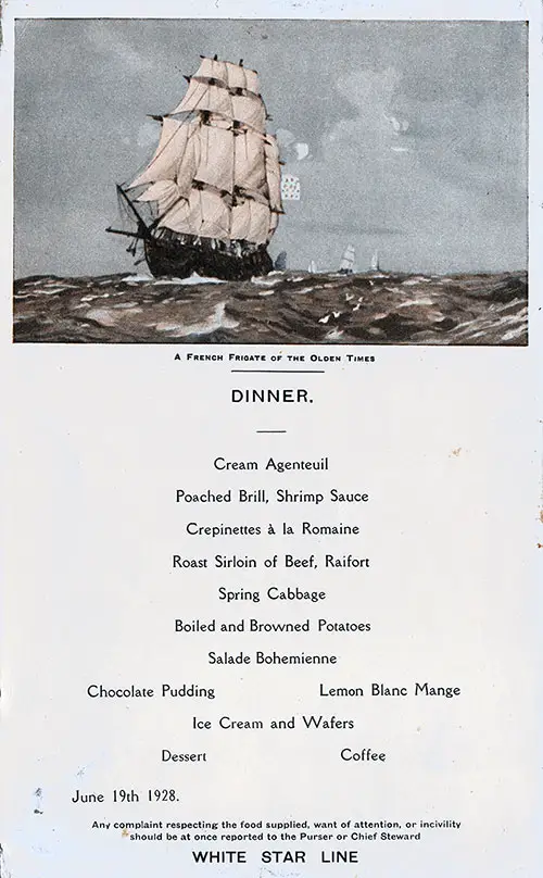 Menu Card for a Dinner Menu, White Star Line RMS Albertic - 19 June 1928