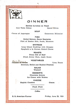 Dinner Bill of Fare Card, SS American Farmer, American Merchant Lines, 1934