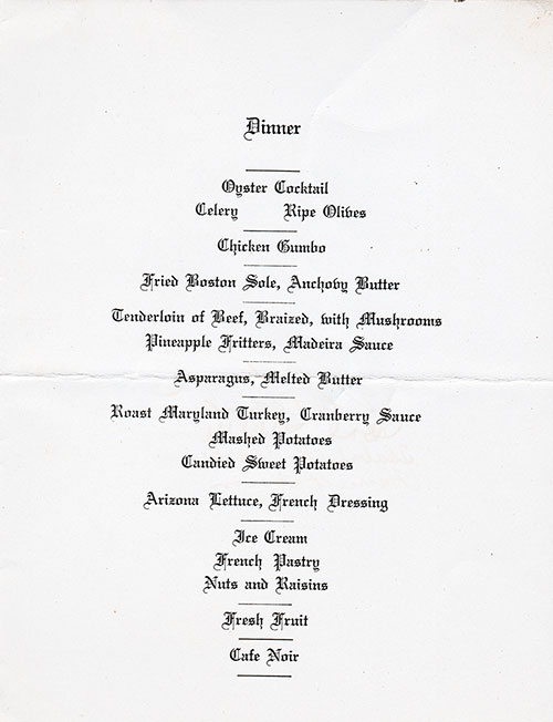 Menu Items, SS American Shipper Dinner Menu - 27 April 1929
