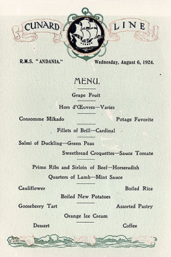 Menu Cover, Dinner Menu, Cunard Line RMS Andania - 1924