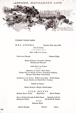 Front Cover, RMS Athenia Dinner Bill of Fare - 21 August 1930