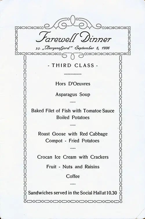 Farewell Dinner Menu Items, SS Bergensfjord, 5 September 1936.