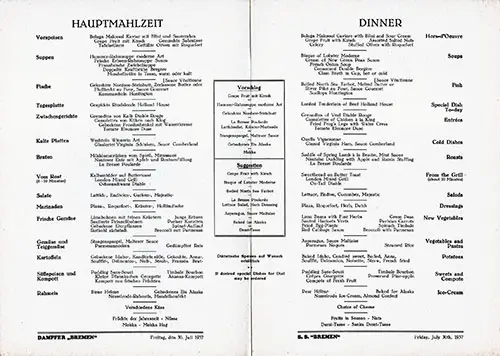 Menu Items. SS Bremen Dinner Menu - 30 July 1937