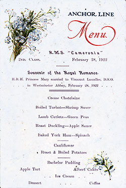 Menu Card, Dinner Menu, Anchor Line RMS Cameronia - 1922