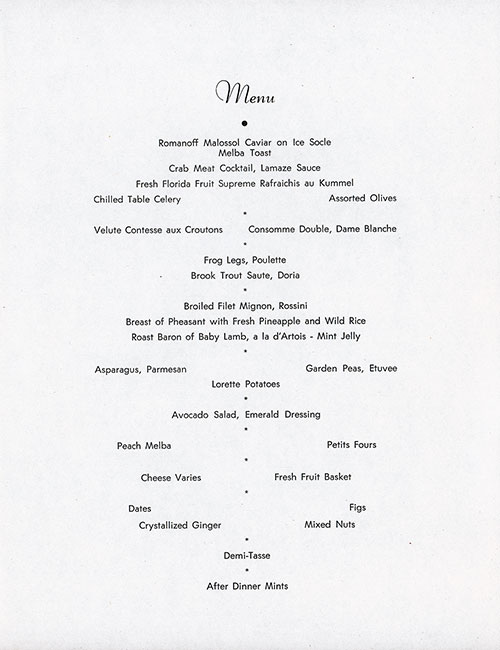 Menus Selections, Captain's Dinner Menu, First Class on the SS Constitution of the American Export Lines, Monday, 15 February 1954.