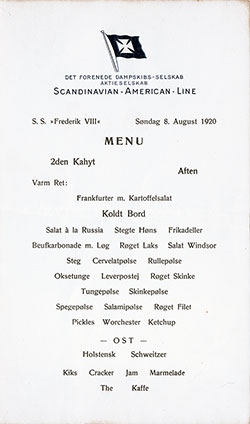 inner Menu, Scandinavian-American Line SS Frederik VIII, 1920, Second Cabin