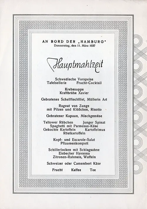 SS Hamburg Dinner Menu - 1937 | GG Archives
