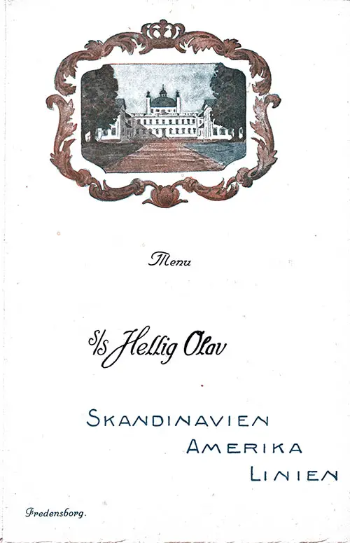 Front Cover, Vintage Cabin Class Dinner Menu From Monday, 25 June 1923 on Board the SS Hellig Olav of the Scandinavian-American Line