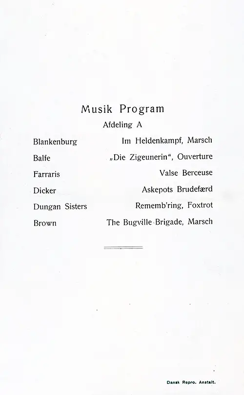 Music Program, SS Hellig Olav Dinner Menu - 10 May 1924